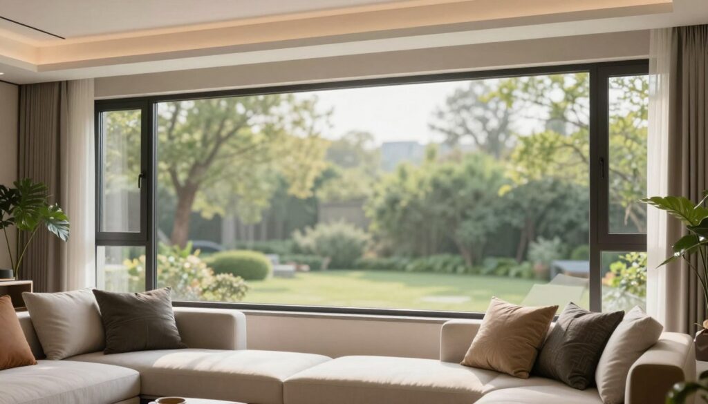 A bright, modern residential living room featuring large windows covered with stylish home privacy film. In the foreground, a cozy seating arrangement with a sleek sofa and decorative pillows creates a welcoming atmosphere. The middle ground reveals the window film, showcasing its reflective surface that balances natural light while ensuring privacy from outside. The background displays a tranquil view of lush greenery, softly blurred to suggest an inviting outdoor environment. Warm, diffuse sunlight filters through the film, creating a serene mood. The image has a professional quality, captured with a wide-angle lens to encompass the entire scene, ensuring clarity and depth. A bright, modern residential living room featuring large windows covered with stylish home privacy film. In the foreground, a cozy seating arrangement with a sleek sofa and decorative pillows creates a welcoming atmosphere. The middle ground reveals the window film, showcasing its reflective surface that balances natural light while ensuring privacy from outside. The background displays a tranquil view of lush greenery, softly blurred to suggest an inviting outdoor environment. Warm, diffuse sunlight filters through the film, creating a serene mood. The image has a professional quality, captured with a wide-angle lens to encompass the entire scene, ensuring clarity and depth.