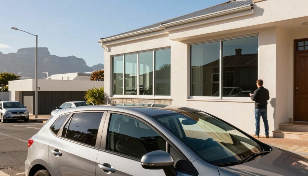 A bright, sunlit urban scene showcasing the benefits of professional window tinting. In the foreground, a modern car with tinted windows parked on a bustling city street, reflecting the sunlight, while a homeowner examines their house, adorned with sleek tinted windows enhancing privacy and aesthetics. In the middle ground, an office building features large, elegant tinted windows, showcasing the glare reduction and energy efficiency provided by high-quality window film. The background features a picturesque view of the Western Cape mountains under a clear blue sky. The scene is captured with a warm, inviting atmosphere, using soft natural lighting that emphasizes the clarity and appeal of the tinted windows. The perspective is slightly angled to highlight the three distinct applications of window tinting, while maintaining professionalism throughout the composition. A bright, sunlit urban scene showcasing the benefits of professional window tinting. In the foreground, a modern car with tinted windows parked on a bustling city street, reflecting the sunlight, while a homeowner examines their house, adorned with sleek tinted windows enhancing privacy and aesthetics. In the middle ground, an office building features large, elegant tinted windows, showcasing the glare reduction and energy efficiency provided by high-quality window film. The background features a picturesque view of the Western Cape mountains under a clear blue sky. The scene is captured with a warm, inviting atmosphere, using soft natural lighting that emphasizes the clarity and appeal of the tinted windows. The perspective is slightly angled to highlight the three distinct applications of window tinting, while maintaining professionalism throughout the composition.