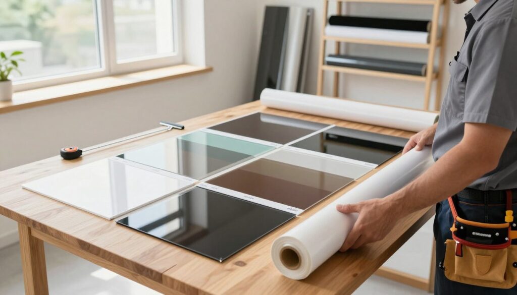 A bright, well-lit interior showcasing a selection of window films displayed on a wooden table, featuring various tint shades from lighter to darker. In the foreground, an expert technician in professional attire, wearing a tool belt, is examining a large roll of window film, carefully analyzing its quality. The middle section includes sample swatches of the tinted films, arranged neatly with a few tools like a squeegee and a measuring tape, all under soft, natural light streaming through a nearby window. The background shows a clean, modern workshop setting with shelves holding more window tinting materials, conveying a professional atmosphere dedicated to expert window tinting services. The overall mood is one of expertise, precision, and quality. A bright, well-lit interior showcasing a selection of window films displayed on a wooden table, featuring various tint shades from lighter to darker. In the foreground, an expert technician in professional attire, wearing a tool belt, is examining a large roll of window film, carefully analyzing its quality. The middle section includes sample swatches of the tinted films, arranged neatly with a few tools like a squeegee and a measuring tape, all under soft, natural light streaming through a nearby window. The background shows a clean, modern workshop setting with shelves holding more window tinting materials, conveying a professional atmosphere dedicated to expert window tinting services. The overall mood is one of expertise, precision, and quality.