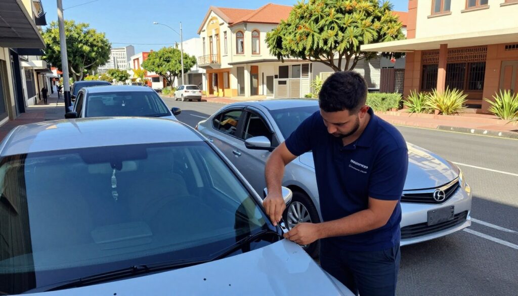 A busy street scene in Port Elizabeth showcasing a professional mobile window tinting service at work. In the foreground, a technician in smart business attire is applying window film to a sleek, modern car parked along the curb. The technician is focused and skilled, using precise tools and techniques. In the middle background, additional vehicles with partially tinted windows are visible, highlighting the city-wide coverage of the service. The backdrop features iconic Port Elizabeth architecture and lush landscaped streets under clear skies, creating a bright and inviting atmosphere. The lighting is warm and natural, emphasizing the professionalism of the service. The angle is slightly elevated, capturing both the technician's work and the vibrant urban setting, evoking a sense of convenience and expertise. A busy street scene in Port Elizabeth showcasing a professional mobile window tinting service at work. In the foreground, a technician in smart business attire is applying window film to a sleek, modern car parked along the curb. The technician is focused and skilled, using precise tools and techniques. In the middle background, additional vehicles with partially tinted windows are visible, highlighting the city-wide coverage of the service. The backdrop features iconic Port Elizabeth architecture and lush landscaped streets under clear skies, creating a bright and inviting atmosphere. The lighting is warm and natural, emphasizing the professionalism of the service. The angle is slightly elevated, capturing both the technician's work and the vibrant urban setting, evoking a sense of convenience and expertise.