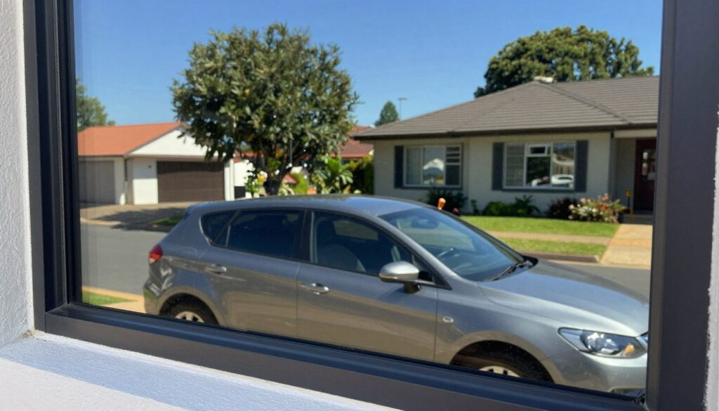 A close-up view of a pristine glass window showcasing high-quality window tinting, highlighting its reflective surface and crisp edges. In the foreground, subtle reflections of the surrounding Krugersdorp neighborhood can be seen, framing the glass in a vibrant context. The middle ground features a sleek car parked in front of a modern home with large windows, all exhibiting the benefits of professional tinting. The background captures a serene suburban street with lush trees under a clear blue sky, enhancing the calm and professional atmosphere. The lighting is bright and natural, suggesting midday brilliance, with soft shadows cast for depth. Overall, the image conveys trust and expertise in window tinting services. A close-up view of a pristine glass window showcasing high-quality window tinting, highlighting its reflective surface and crisp edges. In the foreground, subtle reflections of the surrounding Krugersdorp neighborhood can be seen, framing the glass in a vibrant context. The middle ground features a sleek car parked in front of a modern home with large windows, all exhibiting the benefits of professional tinting. The background captures a serene suburban street with lush trees under a clear blue sky, enhancing the calm and professional atmosphere. The lighting is bright and natural, suggesting midday brilliance, with soft shadows cast for depth. Overall, the image conveys trust and expertise in window tinting services.