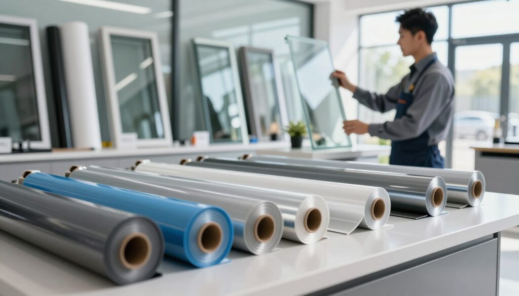 A detailed close-up image showcasing an array of window film samples displayed on a sleek, modern countertop. In the foreground, vibrant rolls of various tints, including shades of dark grey, light blue, and reflective silver, are neatly arranged. In the middle, a professional window film technician in smart business attire is examining a clear window pane, indicating the selection of films. The background features a bright, sunny day highlighting the natural light streaming through a clean glass storefront, emphasizing the effectiveness of window film. The atmosphere is one of professionalism and expertise, with soft lighting bringing out the textures of the films. The composition should evoke a sense of choice and quality, perfect for a window tinting service context. A detailed close-up image showcasing an array of window film samples displayed on a sleek, modern countertop. In the foreground, vibrant rolls of various tints, including shades of dark grey, light blue, and reflective silver, are neatly arranged. In the middle, a professional window film technician in smart business attire is examining a clear window pane, indicating the selection of films. The background features a bright, sunny day highlighting the natural light streaming through a clean glass storefront, emphasizing the effectiveness of window film. The atmosphere is one of professionalism and expertise, with soft lighting bringing out the textures of the films. The composition should evoke a sense of choice and quality, perfect for a window tinting service context.