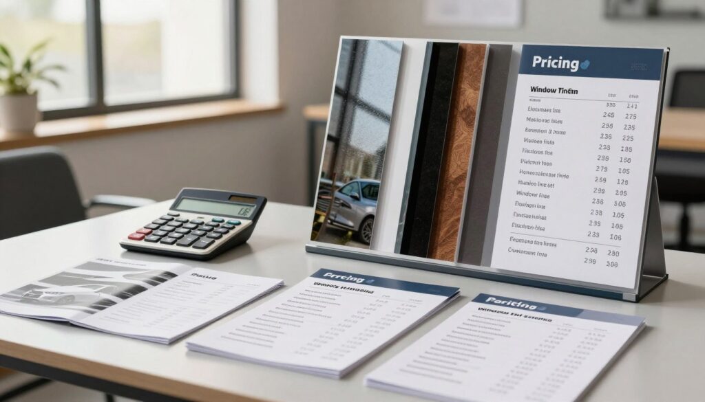 A detailed pricing display for window tinting services, featuring an aesthetically pleasing arrangement of price lists for cars, homes, and businesses. The foreground showcases neatly organized pamphlets and brochures, emphasizing transparent pricing with a clean and modern design. The middle layer includes a sleek table with a calculator, reflective of professional service, and some sample window film materials in various shades. The background sets a calm office environment with large windows allowing natural light to flood in, creating a bright and inviting atmosphere. Soft, warm lighting highlights the products and provides a welcoming vibe. The scene captures a sense of professionalism and trust, suitable for an expert window tinting service. A detailed pricing display for window tinting services, featuring an aesthetically pleasing arrangement of price lists for cars, homes, and businesses. The foreground showcases neatly organized pamphlets and brochures, emphasizing transparent pricing with a clean and modern design. The middle layer includes a sleek table with a calculator, reflective of professional service, and some sample window film materials in various shades. The background sets a calm office environment with large windows allowing natural light to flood in, creating a bright and inviting atmosphere. Soft, warm lighting highlights the products and provides a welcoming vibe. The scene captures a sense of professionalism and trust, suitable for an expert window tinting service.