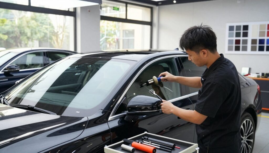 A focused automotive window tinting service in a bright, modern workshop. In the foreground, a skilled technician is meticulously applying a high-quality, legal-friendly window tint to a sleek, black sedan, wearing a professional uniform. The technician's tools are neatly arranged on a nearby workbench, showcasing precision and attention to detail. The middle ground features a clean, organized space with more vehicles waiting for service, surrounded by large windows letting in natural light, enhancing the workshop's inviting atmosphere. In the background, a wall displays various tint samples and legal guidelines for window tinting, subtly hinting at the expertise of the service. The lighting is bright and even, highlighting the professionalism of the setting while creating an encouraging mood for potential clients. A focused automotive window tinting service in a bright, modern workshop. In the foreground, a skilled technician is meticulously applying a high-quality, legal-friendly window tint to a sleek, black sedan, wearing a professional uniform. The technician's tools are neatly arranged on a nearby workbench, showcasing precision and attention to detail. The middle ground features a clean, organized space with more vehicles waiting for service, surrounded by large windows letting in natural light, enhancing the workshop's inviting atmosphere. In the background, a wall displays various tint samples and legal guidelines for window tinting, subtly hinting at the expertise of the service. The lighting is bright and even, highlighting the professionalism of the setting while creating an encouraging mood for potential clients.