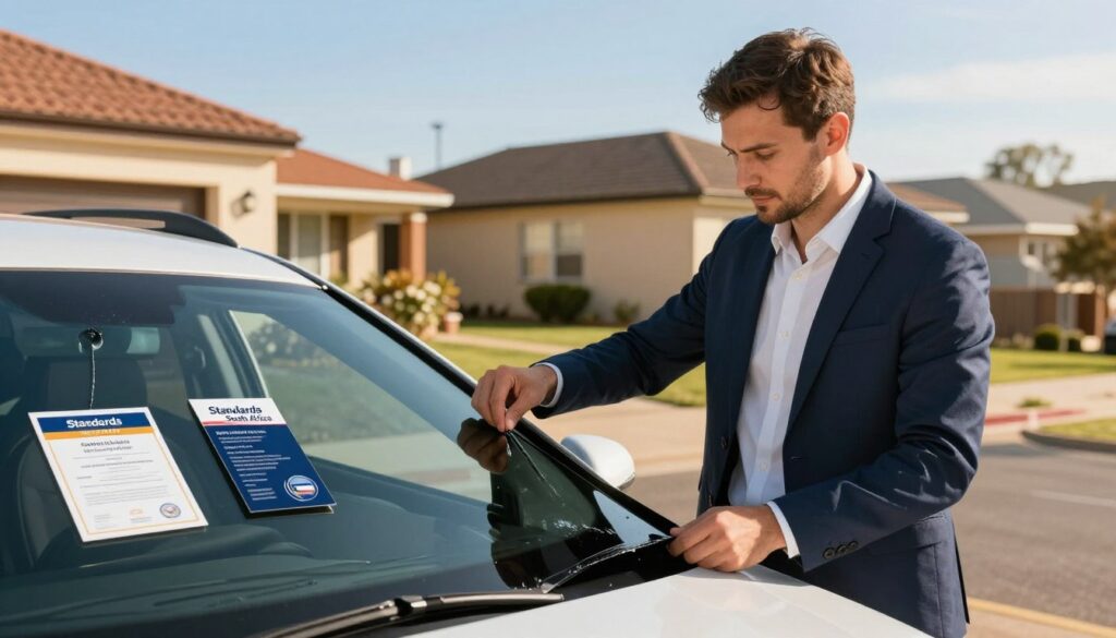 A knowledgeable and professional window tinting technician, wearing a smart business outfit, stands confidently next to a sleek vehicle in a sunlit Northern Cape suburb. In the foreground, the technician is carefully applying a high-quality window film, demonstrating exceptional workmanship and attention to detail. In the middle ground, alongside the vehicle, various certification badges representing "Standards South Africa" are prominently displayed, emphasizing compliance and trust in service quality. The background features well-maintained suburban homes with clear blue skies and bright sunlight, creating a positive and reliable atmosphere. The lighting is warm and inviting, highlighting the craftsmanship involved in window tinting. The angle captures the technician's focused expression, reinforcing the message of expertise and trust. A knowledgeable and professional window tinting technician, wearing a smart business outfit, stands confidently next to a sleek vehicle in a sunlit Northern Cape suburb. In the foreground, the technician is carefully applying a high-quality window film, demonstrating exceptional workmanship and attention to detail. In the middle ground, alongside the vehicle, various certification badges representing "Standards South Africa" are prominently displayed, emphasizing compliance and trust in service quality. The background features well-maintained suburban homes with clear blue skies and bright sunlight, creating a positive and reliable atmosphere. The lighting is warm and inviting, highlighting the craftsmanship involved in window tinting. The angle captures the technician's focused expression, reinforcing the message of expertise and trust.