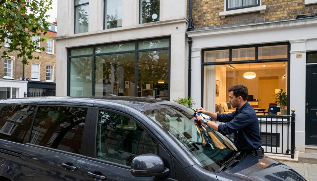 A modern East London street scene featuring a stylish vehicle parked outside a sleek office building and a cozy home, each showcasing various window film solutions. In the foreground, a professional installer, dressed in business attire, is applying high-quality window film to the car's windows, reflecting sunlight for a polished finish. In the middle, the office building's expansive glass windows are tinted for privacy, while the residential home's warm, inviting design gives a sense of comfort. The background features a bustling East London neighborhood, with trees and urban architecture. The scene is bathed in soft, natural daylight, creating an energetic yet professional mood, captured from a slightly elevated angle to emphasize the diverse window film applications. A modern East London street scene featuring a stylish vehicle parked outside a sleek office building and a cozy home, each showcasing various window film solutions. In the foreground, a professional installer, dressed in business attire, is applying high-quality window film to the car's windows, reflecting sunlight for a polished finish. In the middle, the office building's expansive glass windows are tinted for privacy, while the residential home's warm, inviting design gives a sense of comfort. The background features a bustling East London neighborhood, with trees and urban architecture. The scene is bathed in soft, natural daylight, creating an energetic yet professional mood, captured from a slightly elevated angle to emphasize the diverse window film applications.