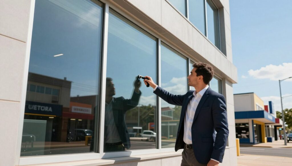 A modern commercial building façade featuring large glass windows reflecting the blue sky. In the foreground, a sleek, well-dressed business professional, with a confident expression, inspects the window tinting with a hand tool, showcasing a sophisticated window tinting service. The middle of the image captures the tinted glass windows that display subtle reflections and reduce glare, demonstrating the quality and effectiveness of the tinting. The background includes a small vibrant street lined with various shops, showcasing the typical architecture of Krugersdorp. The lighting is bright and sunny, creating a welcoming atmosphere, all shot from a slightly low angle to emphasize the windows' height and the professional's engagement with the scene. A modern commercial building façade featuring large glass windows reflecting the blue sky. In the foreground, a sleek, well-dressed business professional, with a confident expression, inspects the window tinting with a hand tool, showcasing a sophisticated window tinting service. The middle of the image captures the tinted glass windows that display subtle reflections and reduce glare, demonstrating the quality and effectiveness of the tinting. The background includes a small vibrant street lined with various shops, showcasing the typical architecture of Krugersdorp. The lighting is bright and sunny, creating a welcoming atmosphere, all shot from a slightly low angle to emphasize the windows' height and the professional's engagement with the scene.