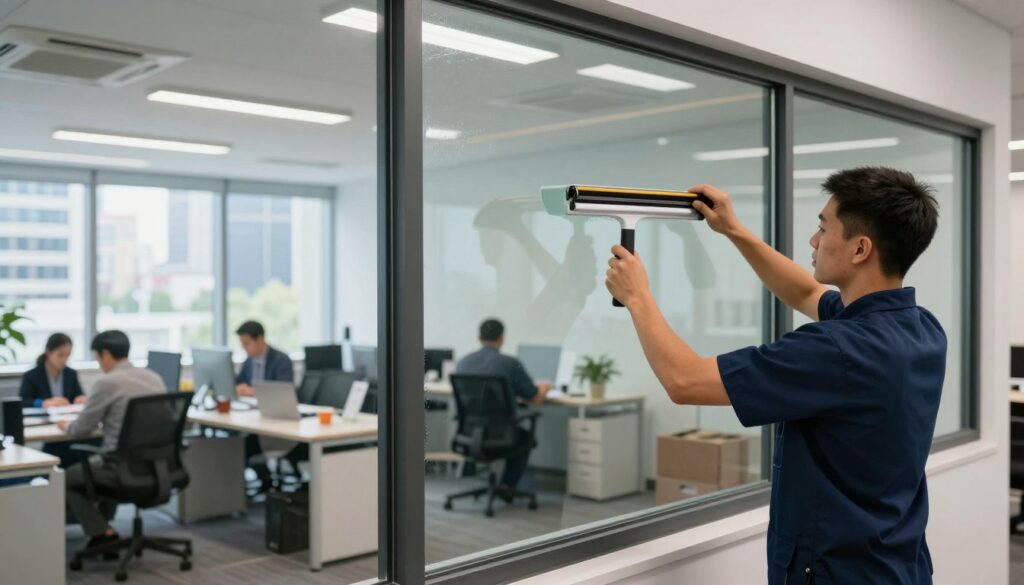 A modern commercial office scene showcasing professional window tinting services in action. In the foreground, a technician wearing a smart uniform is applying window film using a squeegee on large glass windows, demonstrating precision and skill. In the middle ground, a bright and open office environment is visible, with ergonomic furniture and employees in professional attire working under natural light filtered through the tinted windows, enhancing focus and productivity. The background features a cityscape, hinting at an urban Boksburg backdrop. The lighting is soft and inviting, with reflections of the exterior landscape on the window glass. The overall atmosphere conveys professionalism and sophistication, emphasizing the brand appeal and benefits of window tinting for commercial spaces. A modern commercial office scene showcasing professional window tinting services in action. In the foreground, a technician wearing a smart uniform is applying window film using a squeegee on large glass windows, demonstrating precision and skill. In the middle ground, a bright and open office environment is visible, with ergonomic furniture and employees in professional attire working under natural light filtered through the tinted windows, enhancing focus and productivity. The background features a cityscape, hinting at an urban Boksburg backdrop. The lighting is soft and inviting, with reflections of the exterior landscape on the window glass. The overall atmosphere conveys professionalism and sophistication, emphasizing the brand appeal and benefits of window tinting for commercial spaces.