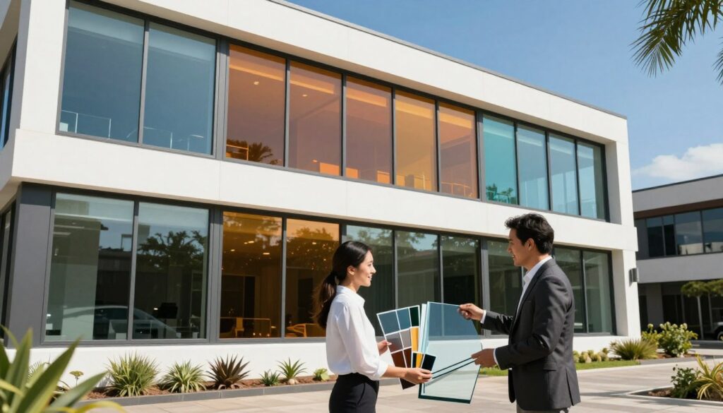 A modern, elegant office building in Northern Cape with large, stylish windows showcasing various window tinting options. In the foreground, a professional consultant in business attire examines the benefits of window tinting with a homeowner, surrounded by samples of tinted glass. The middle layer features the building’s exterior reflecting bright sunlight that creates a striking contrast with the tinted windows, illustrating heat reduction and glare control. The background includes a clear blue sky and nearby lush greenery, emphasizing the energy savings and aesthetic appeal of window tinting. The mood is bright and informative, with natural lighting highlighting the textures and colors, inviting viewers to appreciate the benefits of window tinting. A modern, elegant office building in Northern Cape with large, stylish windows showcasing various window tinting options. In the foreground, a professional consultant in business attire examines the benefits of window tinting with a homeowner, surrounded by samples of tinted glass. The middle layer features the building’s exterior reflecting bright sunlight that creates a striking contrast with the tinted windows, illustrating heat reduction and glare control. The background includes a clear blue sky and nearby lush greenery, emphasizing the energy savings and aesthetic appeal of window tinting. The mood is bright and informative, with natural lighting highlighting the textures and colors, inviting viewers to appreciate the benefits of window tinting.