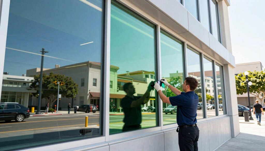 A modern office building in downtown Chatsworth with sleek, large glass windows reflecting the vibrant cityscape. In the foreground, a professional technician in a company uniform meticulously applying commercial window tint to a large window, showcasing the precision of the tinting process. The middle ground features half-tinted windows on the building, demonstrating the before-and-after effect of the service, while the background showcases a bustling street with pedestrians and cars under bright, natural sunlight. The atmosphere is energetic yet professional, emphasizing the practical benefits of window tinting for businesses. The lighting is bright and inviting, enhancing the clarity and detail of the window tinting process, captured from a slightly upward angle. A modern office building in downtown Chatsworth with sleek, large glass windows reflecting the vibrant cityscape. In the foreground, a professional technician in a company uniform meticulously applying commercial window tint to a large window, showcasing the precision of the tinting process. The middle ground features half-tinted windows on the building, demonstrating the before-and-after effect of the service, while the background showcases a bustling street with pedestrians and cars under bright, natural sunlight. The atmosphere is energetic yet professional, emphasizing the practical benefits of window tinting for businesses. The lighting is bright and inviting, enhancing the clarity and detail of the window tinting process, captured from a slightly upward angle.