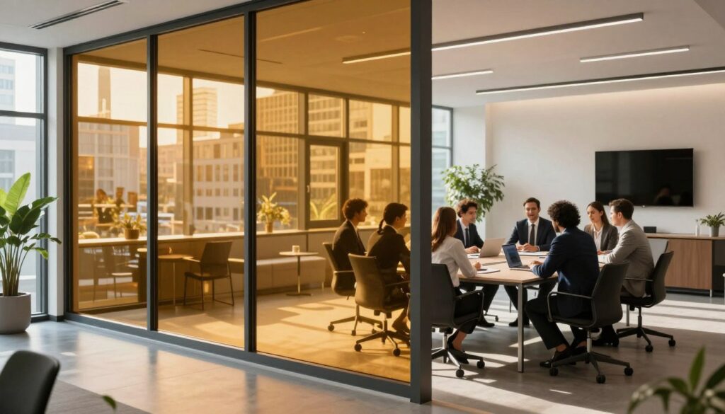 A modern office space showcasing commercial window tinting. In the foreground, large tinted windows reflect a vibrant urban environment while allowing natural light to fill the room. In the middle, a diverse group of professionals in business attire collaborates around a sleek conference table, their expressions focused and engaged. The background features a clean, contemporary design with minimalistic furniture, greenery, and digital displays, emphasizing a productive atmosphere. Soft, diffused sunlight filters through the tinted glass, creating a warm and inviting ambiance. Capture the essence of efficiency and professionalism, with an angle that emphasizes the spaciousness and clarity provided by the window tinting. Use a high-resolution format to highlight the textures and details of the tinting application without any text or overlays. A modern office space showcasing commercial window tinting. In the foreground, large tinted windows reflect a vibrant urban environment while allowing natural light to fill the room. In the middle, a diverse group of professionals in business attire collaborates around a sleek conference table, their expressions focused and engaged. The background features a clean, contemporary design with minimalistic furniture, greenery, and digital displays, emphasizing a productive atmosphere. Soft, diffused sunlight filters through the tinted glass, creating a warm and inviting ambiance. Capture the essence of efficiency and professionalism, with an angle that emphasizes the spaciousness and clarity provided by the window tinting. Use a high-resolution format to highlight the textures and details of the tinting application without any text or overlays.