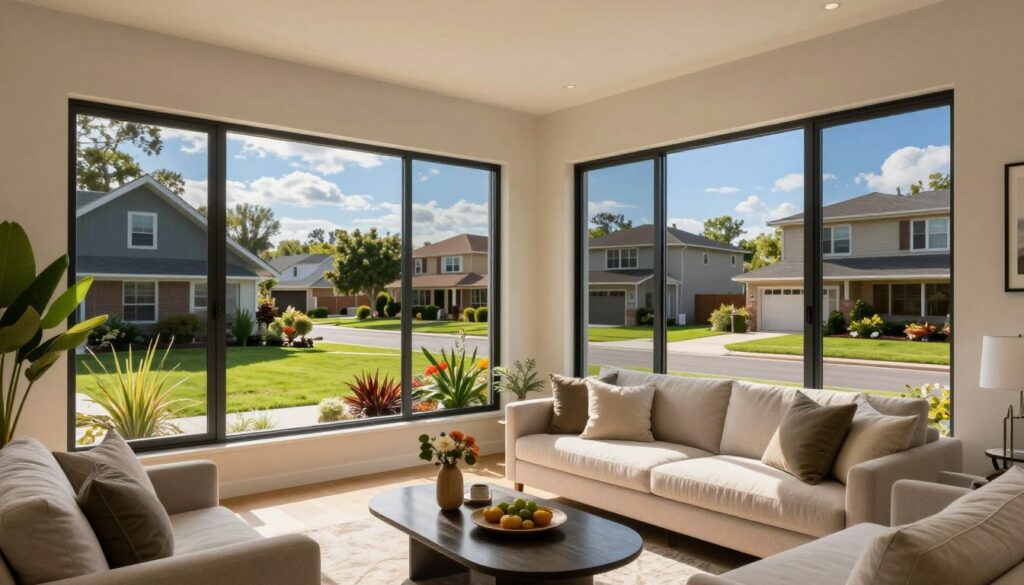 A modern residential home showcasing freshly installed window tinting, emphasizing comfort, privacy, and style. In the foreground, a sleek living room filled with natural light, featuring large windows with elegant, dark-tinted glass. A cozy sofa with soft cushions sits nearby, along with a stylish coffee table adorned with decorative items. In the middle ground, lush greenery and colorful plants provide a tranquil setting, enhancing the sense of peace. The background presents a suburban neighborhood with well-kept lawns and charming houses under a bright blue sky. The lighting is warm and inviting, highlighting the effects of the window tinting as it protects interiors from harsh sunlight. The overall mood is serene and sophisticated, illustrating the benefits of residential window tinting. A modern residential home showcasing freshly installed window tinting, emphasizing comfort, privacy, and style. In the foreground, a sleek living room filled with natural light, featuring large windows with elegant, dark-tinted glass. A cozy sofa with soft cushions sits nearby, along with a stylish coffee table adorned with decorative items. In the middle ground, lush greenery and colorful plants provide a tranquil setting, enhancing the sense of peace. The background presents a suburban neighborhood with well-kept lawns and charming houses under a bright blue sky. The lighting is warm and inviting, highlighting the effects of the window tinting as it protects interiors from harsh sunlight. The overall mood is serene and sophisticated, illustrating the benefits of residential window tinting.