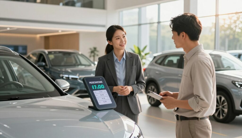 A modern, sleek vehicle pricing display prominently featured in the foreground, showcasing an array of vehicles with their price tags clearly visible. In the middle ground, a professional consultant in business attire is discussing vehicle options with a satisfied customer, both displaying expressions of confidence and trust. The background includes a stylish, well-lit auto shop with polished cars and a welcoming ambiance. Soft, warm lighting creates an inviting atmosphere, with rays of sunlight filtering through large windows, highlighting the importance of transparency and value in pricing. The scene reflects a sense of professionalism and assurance, embodying a commitment to clear communication and excellent service. A modern, sleek vehicle pricing display prominently featured in the foreground, showcasing an array of vehicles with their price tags clearly visible. In the middle ground, a professional consultant in business attire is discussing vehicle options with a satisfied customer, both displaying expressions of confidence and trust. The background includes a stylish, well-lit auto shop with polished cars and a welcoming ambiance. Soft, warm lighting creates an inviting atmosphere, with rays of sunlight filtering through large windows, highlighting the importance of transparency and value in pricing. The scene reflects a sense of professionalism and assurance, embodying a commitment to clear communication and excellent service.