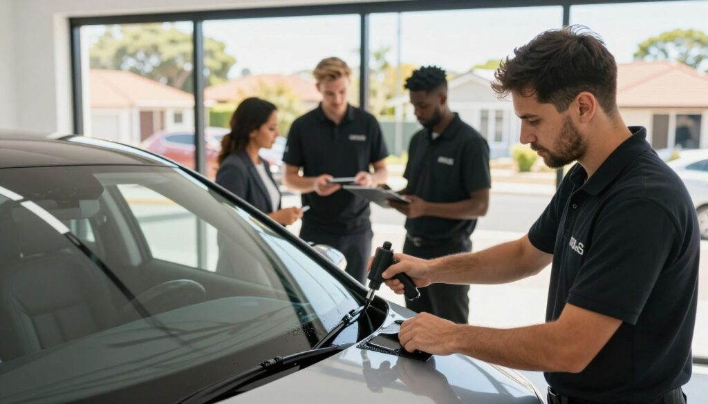 A modern, sleek window tinting workshop in Port Elizabeth, showcasing a team of professionals dressed in smart business attire. In the foreground, a technician is meticulously applying high-quality window film to a car, using advanced tools that reflect industry standards. The middle ground features additional team members discussing tint options with a satisfied customer, highlighting excellent service and compliance. In the background, large windows provide a view of the vibrant suburb, bathed in warm, natural sunlight that creates a welcoming atmosphere. The lighting is soft yet bright, emphasizing the professionalism and care in the work being done. The overall mood is one of trust, expertise, and commitment to quality standards in window tinting. A modern, sleek window tinting workshop in Port Elizabeth, showcasing a team of professionals dressed in smart business attire. In the foreground, a technician is meticulously applying high-quality window film to a car, using advanced tools that reflect industry standards. The middle ground features additional team members discussing tint options with a satisfied customer, highlighting excellent service and compliance. In the background, large windows provide a view of the vibrant suburb, bathed in warm, natural sunlight that creates a welcoming atmosphere. The lighting is soft yet bright, emphasizing the professionalism and care in the work being done. The overall mood is one of trust, expertise, and commitment to quality standards in window tinting.