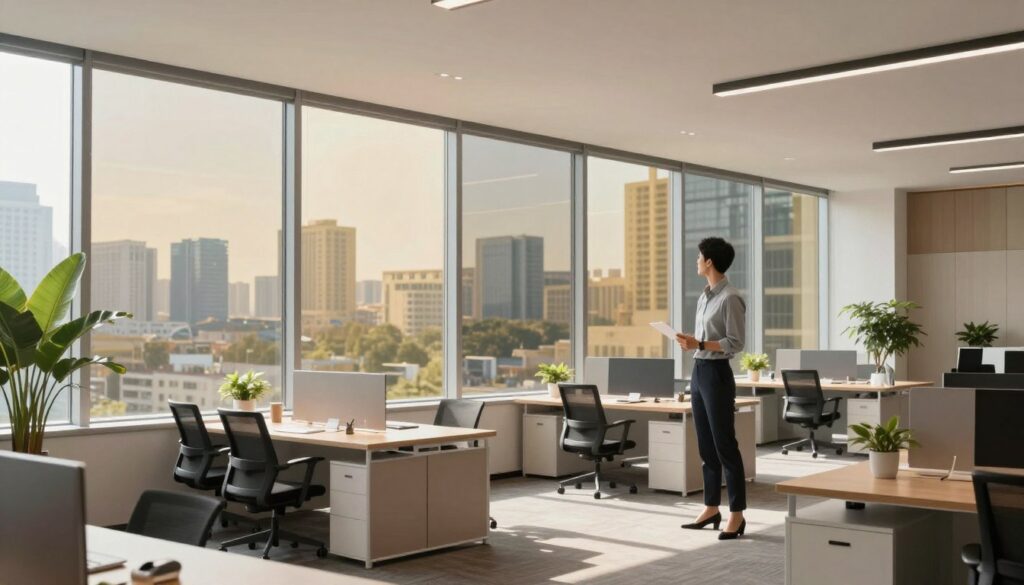 A modern, spacious commercial office interior showcasing sleek, tinted windows with high-quality commercial window film applied. In the foreground, a professional business person in smart attire stands, basking in the natural light streaming through the film, reflecting a productive work atmosphere. In the middle, contemporary office furniture and plants enhance the ambiance, highlighting the film’s ability to reduce glare and improve comfort. In the background, hints of a vibrant city skyline are visible through the tinted windows, emphasizing brand appeal and sophistication. Soft, diffused lighting enhances the scene, creating a warm and inviting atmosphere. The image captures a sense of innovation and professionalism without any distractions or text. A modern, spacious commercial office interior showcasing sleek, tinted windows with high-quality commercial window film applied. In the foreground, a professional business person in smart attire stands, basking in the natural light streaming through the film, reflecting a productive work atmosphere. In the middle, contemporary office furniture and plants enhance the ambiance, highlighting the film’s ability to reduce glare and improve comfort. In the background, hints of a vibrant city skyline are visible through the tinted windows, emphasizing brand appeal and sophistication. Soft, diffused lighting enhances the scene, creating a warm and inviting atmosphere. The image captures a sense of innovation and professionalism without any distractions or text.