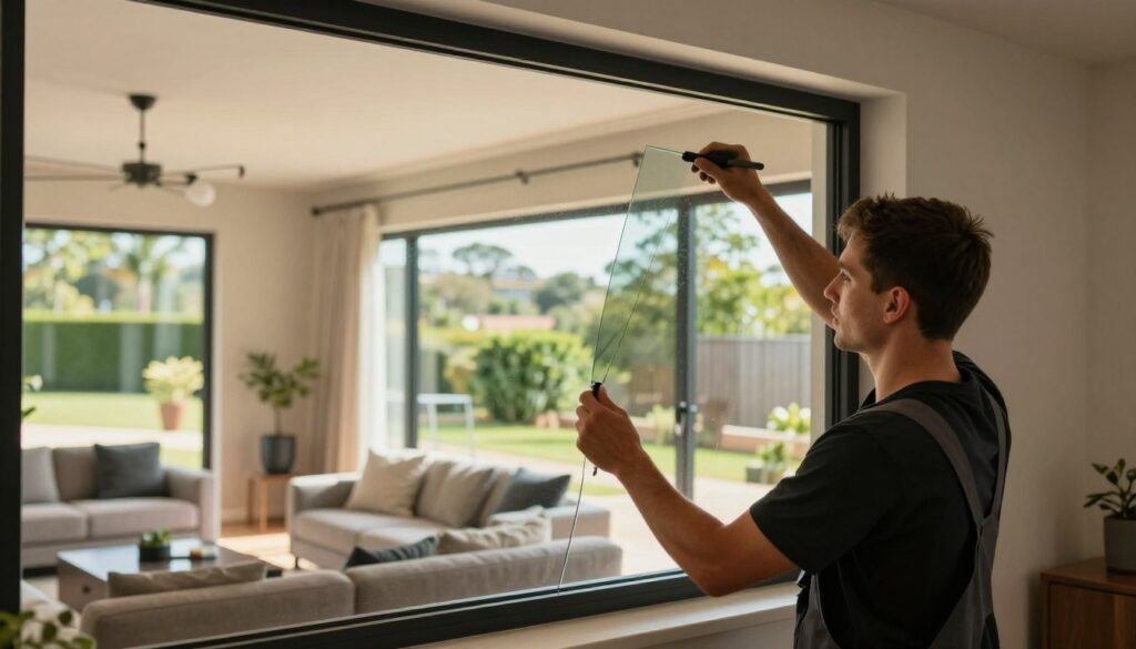 A modern window tinting service in action, showcasing a skilled technician applying high-quality tinted film to a large residential window. In the foreground, the technician, dressed in smart casual work attire, focuses intently while using professional tools. The middle ground captures a well-lit living room with a stylish interior, highlighting the contrast between the clear and tinted sections of the window. In the background, a view of Nelspruit’s lush greenery is barely visible through the tinted glass, creating an inviting atmosphere. Warm, natural light filters through, enhancing the mood of professionalism and expertise. The image should invoke a sense of trust and quality in window tinting services for homes, businesses, and vehicles. A modern window tinting service in action, showcasing a skilled technician applying high-quality tinted film to a large residential window. In the foreground, the technician, dressed in smart casual work attire, focuses intently while using professional tools. The middle ground captures a well-lit living room with a stylish interior, highlighting the contrast between the clear and tinted sections of the window. In the background, a view of Nelspruit’s lush greenery is barely visible through the tinted glass, creating an inviting atmosphere. Warm, natural light filters through, enhancing the mood of professionalism and expertise. The image should invoke a sense of trust and quality in window tinting services for homes, businesses, and vehicles.