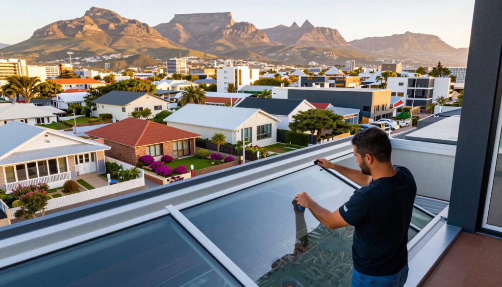 A panoramic view of various residential and commercial buildings within a Western Cape city, showcasing different styles and architectural details, reflecting the local culture. In the foreground, a professional window tinting technician applies high-quality window film to a modern storefront, highlighting the contrast between the clear glass and the newly tinted windows. The middle ground features a mix of suburban homes, some with vibrant gardens, and others with sleek, contemporary designs. In the background, rolling hills and distant mountains bathe in warm golden hour sunlight, creating a serene atmosphere. The image should convey a sense of professionalism and craftsmanship, focusing on window tinting's importance in enhancing aesthetics and privacy. Bright, natural lighting enhances the scene, and the angle captures both close-up details of tinting work and an expansive view of the environment. A panoramic view of various residential and commercial buildings within a Western Cape city, showcasing different styles and architectural details, reflecting the local culture. In the foreground, a professional window tinting technician applies high-quality window film to a modern storefront, highlighting the contrast between the clear glass and the newly tinted windows. The middle ground features a mix of suburban homes, some with vibrant gardens, and others with sleek, contemporary designs. In the background, rolling hills and distant mountains bathe in warm golden hour sunlight, creating a serene atmosphere. The image should convey a sense of professionalism and craftsmanship, focusing on window tinting's importance in enhancing aesthetics and privacy. Bright, natural lighting enhances the scene, and the angle captures both close-up details of tinting work and an expansive view of the environment.