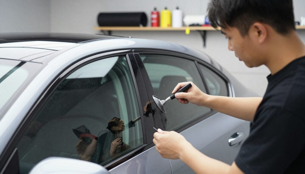 A professional automotive tinting shop featuring an expert technician meticulously applying high-quality window film to a sleek, modern car. In the foreground, focus on the technician, dressed in smart casual clothing, working with precision and care, showcasing the tools of the trade. The middle ground highlights the car's gleaming exterior, reflecting the sunlight, while partially tinted windows hint at enhanced comfort and privacy. In the background, a well-organized workshop environment equipped with various tinting materials and tools creates an ambient atmosphere. The lighting is bright, emphasizing the clarity of the tinted windows and creating a sense of professionalism. The overall mood conveys expertise, sophistication, and commitment to quality, illustrating the benefits of automotive tinting for safety and style. A professional automotive tinting shop featuring an expert technician meticulously applying high-quality window film to a sleek, modern car. In the foreground, focus on the technician, dressed in smart casual clothing, working with precision and care, showcasing the tools of the trade. The middle ground highlights the car's gleaming exterior, reflecting the sunlight, while partially tinted windows hint at enhanced comfort and privacy. In the background, a well-organized workshop environment equipped with various tinting materials and tools creates an ambient atmosphere. The lighting is bright, emphasizing the clarity of the tinted windows and creating a sense of professionalism. The overall mood conveys expertise, sophistication, and commitment to quality, illustrating the benefits of automotive tinting for safety and style.