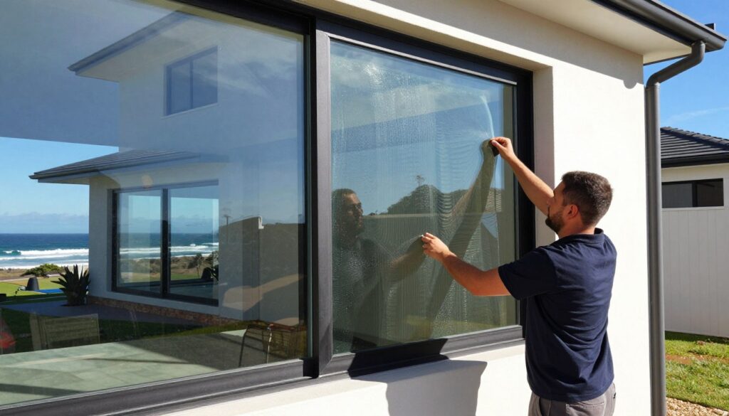 A professional window tinting installation in a sunny residential area of Mossel Bay. In the foreground, a skilled technician in business attire carefully applies a high-quality tint film to a large modern window, showcasing the meticulous craftsmanship involved. The middle layer features a stylish, contemporary home with large glass windows reflecting the coastal environment. In the background, the iconic coastal landscape of Mossel Bay can be seen, with soft waves and blue skies creating a serene atmosphere. The lighting is bright and natural, illuminating the scene as sunlight glints off the tinted glass, emphasizing the protective features of window tinting. Capture a mood of expertise and professionalism, highlighting the tailored services offered in the local area. A professional window tinting installation in a sunny residential area of Mossel Bay. In the foreground, a skilled technician in business attire carefully applies a high-quality tint film to a large modern window, showcasing the meticulous craftsmanship involved. The middle layer features a stylish, contemporary home with large glass windows reflecting the coastal environment. In the background, the iconic coastal landscape of Mossel Bay can be seen, with soft waves and blue skies creating a serene atmosphere. The lighting is bright and natural, illuminating the scene as sunlight glints off the tinted glass, emphasizing the protective features of window tinting. Capture a mood of expertise and professionalism, highlighting the tailored services offered in the local area.
