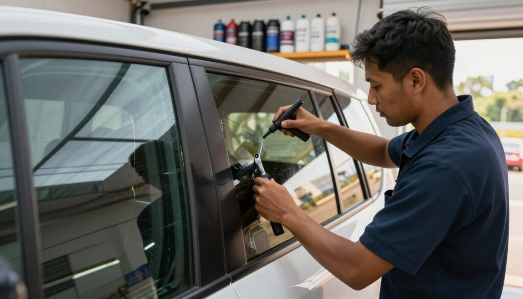 A professional window tinting service in Thohoyandou, showcasing a skilled technician applying a flawless layer of window film to a sleek modern vehicle. In the foreground, the technician, dressed in a neat uniform, is focused on the window, using specialized tools with precision. The middle ground features a pristine workshop with various window tinting materials displayed, emphasizing professionalism. The background hints at a picturesque view of the Thohoyandou skyline, partially visible through the tinted glass, bathed in warm, natural daylight that reflects off the surfaces. The atmosphere is calm and efficient, highlighting the importance of expert craftsmanship in window tinting services. The image is captured from a low angle to emphasize the technician's skill and dedication, with soft lighting that enhances the glossy finish of the tinted windows. A professional window tinting service in Thohoyandou, showcasing a skilled technician applying a flawless layer of window film to a sleek modern vehicle. In the foreground, the technician, dressed in a neat uniform, is focused on the window, using specialized tools with precision. The middle ground features a pristine workshop with various window tinting materials displayed, emphasizing professionalism. The background hints at a picturesque view of the Thohoyandou skyline, partially visible through the tinted glass, bathed in warm, natural daylight that reflects off the surfaces. The atmosphere is calm and efficient, highlighting the importance of expert craftsmanship in window tinting services. The image is captured from a low angle to emphasize the technician's skill and dedication, with soft lighting that enhances the glossy finish of the tinted windows.