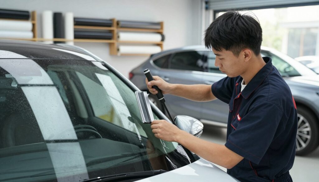 A professional window tinting service in action, featuring a skilled technician applying high-quality tint film to a modern car window. In the foreground, the technician, dressed in a smart work uniform, focuses intently on the task, using precision tools and a squeegee. The middle ground showcases a sparkling, well-lit automotive shop, with various tint film rolls displayed neatly on shelves. The background highlights other cars in the shop, with natural light pouring in through large windows, creating a bright and inviting atmosphere. The composition emphasizes cleanliness, professionalism, and expertise, evoking trust and reliability in the service provided. The overall mood is energetic and focused, with an emphasis on quality workmanship in the tinting process. A professional window tinting service in action, featuring a skilled technician applying high-quality tint film to a modern car window. In the foreground, the technician, dressed in a smart work uniform, focuses intently on the task, using precision tools and a squeegee. The middle ground showcases a sparkling, well-lit automotive shop, with various tint film rolls displayed neatly on shelves. The background highlights other cars in the shop, with natural light pouring in through large windows, creating a bright and inviting atmosphere. The composition emphasizes cleanliness, professionalism, and expertise, evoking trust and reliability in the service provided. The overall mood is energetic and focused, with an emphasis on quality workmanship in the tinting process.