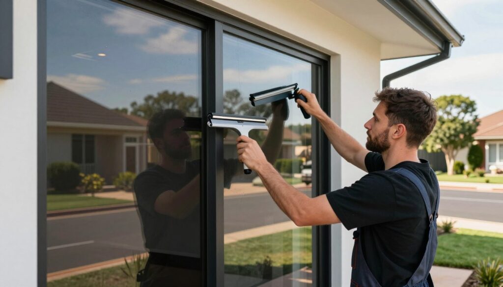 A professional window tinting service in action, highlighting a skilled technician applying high-quality dark tint to the large windows of a modern suburban home in Randburg. In the foreground, the technician, dressed in smart work attire, carefully uses a squeegee and precision tools on the glass, showcasing attention to detail. The middle ground features the sleek house with stylish architecture, reflecting the tint's effect, while the sunny suburban street is visible in the background, with neatly lined trees and well-kept lawns. Soft, natural lighting creates a warm and inviting atmosphere, emphasizing professionalism and expertise in the window tinting process. The image should capture a sense of calm and satisfaction, illustrating the high standard of service offered. A professional window tinting service in action, highlighting a skilled technician applying high-quality dark tint to the large windows of a modern suburban home in Randburg. In the foreground, the technician, dressed in smart work attire, carefully uses a squeegee and precision tools on the glass, showcasing attention to detail. The middle ground features the sleek house with stylish architecture, reflecting the tint's effect, while the sunny suburban street is visible in the background, with neatly lined trees and well-kept lawns. Soft, natural lighting creates a warm and inviting atmosphere, emphasizing professionalism and expertise in the window tinting process. The image should capture a sense of calm and satisfaction, illustrating the high standard of service offered.