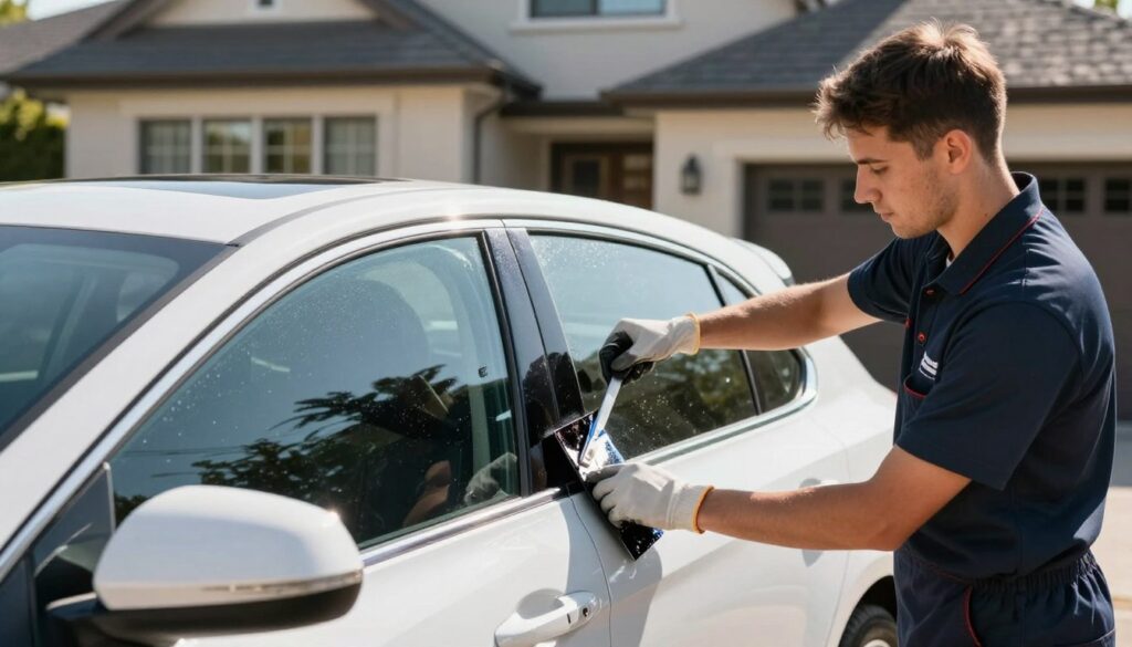 A professional window tinting service in action, showcasing a technician applying a sleek, dark window film to a modern car parked in a bright suburban driveway. In the foreground, a focused technician in a fitted company uniform, wearing safety gloves as they meticulously smooth out the film with a tool. The middle ground features the shiny car with gleaming tinted windows reflecting the sun's rays, while a stylish suburban home with large windows is softly blurred in the background, adding context. The scene is illuminated by natural sunlight, creating glimmers on the glass surfaces. The atmosphere is one of professionalism and expertise, emphasizing high-quality service in an elegant Sandton neighborhood. A professional window tinting service in action, showcasing a technician applying a sleek, dark window film to a modern car parked in a bright suburban driveway. In the foreground, a focused technician in a fitted company uniform, wearing safety gloves as they meticulously smooth out the film with a tool. The middle ground features the shiny car with gleaming tinted windows reflecting the sun's rays, while a stylish suburban home with large windows is softly blurred in the background, adding context. The scene is illuminated by natural sunlight, creating glimmers on the glass surfaces. The atmosphere is one of professionalism and expertise, emphasizing high-quality service in an elegant Sandton neighborhood.