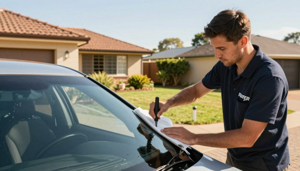 A professional window tinting service scene in Randfontein, showcasing a skilled technician applying window film on a car in a sunny suburban driveway. In the foreground, a confident technician wearing a branded uniform is carefully smoothing out the film on a sleek vehicle, using specialized tools. In the middle ground, the house's exterior can be partially seen with well-kept gardens and residential homes typical of Randfontein suburbs. The background features clear blue skies and vibrant greenery, enhancing the sunny atmosphere. Use soft, natural light to create a warm and inviting mood, captured from a slightly elevated angle to emphasize the process and the suburb's charm. A professional window tinting service scene in Randfontein, showcasing a skilled technician applying window film on a car in a sunny suburban driveway. In the foreground, a confident technician wearing a branded uniform is carefully smoothing out the film on a sleek vehicle, using specialized tools. In the middle ground, the house's exterior can be partially seen with well-kept gardens and residential homes typical of Randfontein suburbs. The background features clear blue skies and vibrant greenery, enhancing the sunny atmosphere. Use soft, natural light to create a warm and inviting mood, captured from a slightly elevated angle to emphasize the process and the suburb's charm.