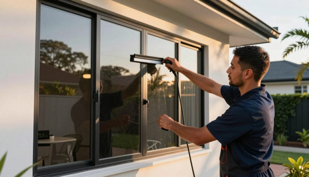 A professional window tinting specialist applying a dark, sleek tint to the windows of a modern suburban home in Nelspruit, showcasing their expertise with focused precision. In the foreground, a technician in smart, professional attire carefully uses a squeegee, his expression one of concentration. The middle ground features the house, with large glass windows reflecting sunlight, emphasizing the transformation as the tint enhances both privacy and aesthetic. In the background, lush tropical trees common to Nelspruit create a vibrant atmosphere. The scene is captured during golden hour, with warm sunlight casting a soft glow, accentuating the contrast of the tinted windows against the bright exterior. The overall mood is professional and trustworthy, highlighting the local expertise in window tinting services. A professional window tinting specialist applying a dark, sleek tint to the windows of a modern suburban home in Nelspruit, showcasing their expertise with focused precision. In the foreground, a technician in smart, professional attire carefully uses a squeegee, his expression one of concentration. The middle ground features the house, with large glass windows reflecting sunlight, emphasizing the transformation as the tint enhances both privacy and aesthetic. In the background, lush tropical trees common to Nelspruit create a vibrant atmosphere. The scene is captured during golden hour, with warm sunlight casting a soft glow, accentuating the contrast of the tinted windows against the bright exterior. The overall mood is professional and trustworthy, highlighting the local expertise in window tinting services.