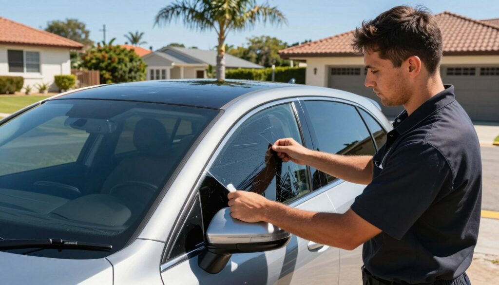 A professional window tinting technician applying high-quality film to a sleek car in a sunlit driveway in Richards Bay. The foreground features the technician in a smart uniform, focused on the tinting process, showcasing precision and expertise. In the middle ground, the car shines with a glossy finish, emphasizing the contrast between tinted and clear windows. The background captures the vibrant suburban landscape of Richards Bay, with palm trees and modern homes, under a clear blue sky, enhancing the sunny atmosphere. The lighting is natural, highlighting the reflective qualities of the tint film. The overall mood is professional and inviting, illustrating the benefits of expert window tinting services in the local community. A professional window tinting technician applying high-quality film to a sleek car in a sunlit driveway in Richards Bay. The foreground features the technician in a smart uniform, focused on the tinting process, showcasing precision and expertise. In the middle ground, the car shines with a glossy finish, emphasizing the contrast between tinted and clear windows. The background captures the vibrant suburban landscape of Richards Bay, with palm trees and modern homes, under a clear blue sky, enhancing the sunny atmosphere. The lighting is natural, highlighting the reflective qualities of the tint film. The overall mood is professional and inviting, illustrating the benefits of expert window tinting services in the local community.