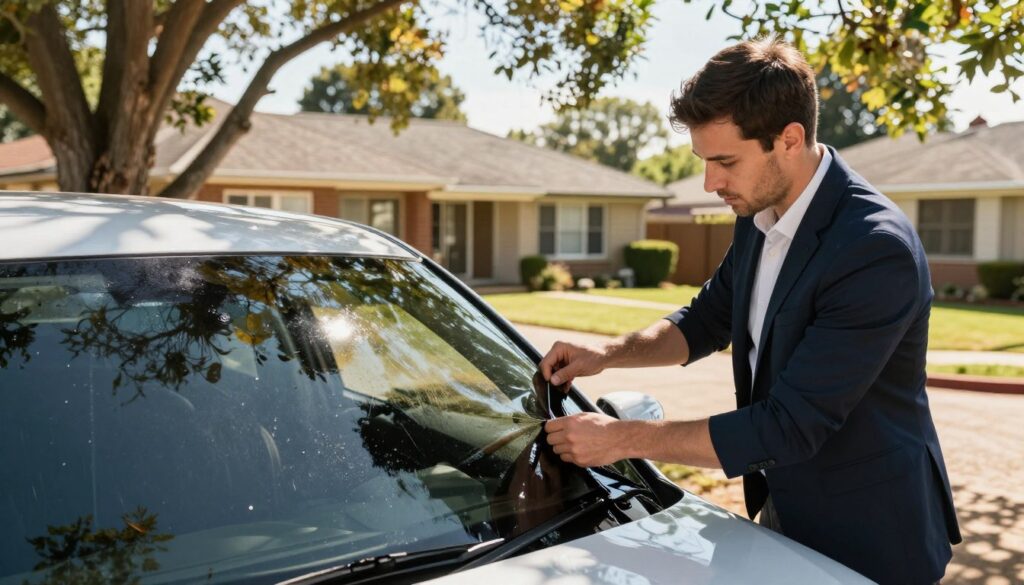 A professional window tinting technician applying tinted film to a car's side window in a suburban driveway in Boksburg. The technician, dressed in a smart business attire, focuses intently on the detail of their work. Sunlight filters through the trees in the background, casting dappled shadows, which highlights the glossy finish of the car's exterior and the tinted window film. In the middle ground, a picturesque suburban home can be seen, contributing to a friendly neighborhood atmosphere. The scene captures a warm, inviting mood while demonstrating the precision of expert window tinting services. The angle is slightly elevated, providing an overview of the technician’s skill and the serene suburban landscape. A professional window tinting technician applying tinted film to a car's side window in a suburban driveway in Boksburg. The technician, dressed in a smart business attire, focuses intently on the detail of their work. Sunlight filters through the trees in the background, casting dappled shadows, which highlights the glossy finish of the car's exterior and the tinted window film. In the middle ground, a picturesque suburban home can be seen, contributing to a friendly neighborhood atmosphere. The scene captures a warm, inviting mood while demonstrating the precision of expert window tinting services. The angle is slightly elevated, providing an overview of the technician’s skill and the serene suburban landscape.