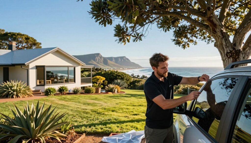 A scenic view of the Garden Route, featuring a lush, vibrant landscape with rolling hills and a picturesque coastal backdrop. In the foreground, a professional window tinting technician in smart casual clothing is applying window film to a vehicle parked under a leafy tree, illuminating the scene with warm afternoon sunlight. In the middle ground, you can see a quaint, stylish house with large windows that reflect the coastal beauty, embodying the essence of Mossel Bay’s charm. The background showcases a clear blue sky with hints of distant mountains meeting the ocean. Soft, inviting colors create a relaxed, friendly atmosphere, emphasizing professionalism and service in a serene garden setting. A scenic view of the Garden Route, featuring a lush, vibrant landscape with rolling hills and a picturesque coastal backdrop. In the foreground, a professional window tinting technician in smart casual clothing is applying window film to a vehicle parked under a leafy tree, illuminating the scene with warm afternoon sunlight. In the middle ground, you can see a quaint, stylish house with large windows that reflect the coastal beauty, embodying the essence of Mossel Bay’s charm. The background showcases a clear blue sky with hints of distant mountains meeting the ocean. Soft, inviting colors create a relaxed, friendly atmosphere, emphasizing professionalism and service in a serene garden setting.