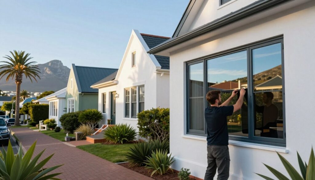 A serene residential street in the Western Cape, showcasing an array of stylish homes with newly installed window tinting. In the foreground, a professional technician dressed in smart casual attire carefully applies high-quality film to a large window, reflecting the vibrant landscape outside. In the middle ground, beautiful Cape Dutch architecture with distinct gables is visible, framed by lush gardens and palm trees. The atmosphere is bright and inviting, illuminated by soft, natural sunlight. The background features distant mountains under a clear blue sky, enhancing the sense of tranquility. The image should convey expertise and attention to detail while highlighting the aesthetic benefits of window tinting for various types of homes. A serene residential street in the Western Cape, showcasing an array of stylish homes with newly installed window tinting. In the foreground, a professional technician dressed in smart casual attire carefully applies high-quality film to a large window, reflecting the vibrant landscape outside. In the middle ground, beautiful Cape Dutch architecture with distinct gables is visible, framed by lush gardens and palm trees. The atmosphere is bright and inviting, illuminated by soft, natural sunlight. The background features distant mountains under a clear blue sky, enhancing the sense of tranquility. The image should convey expertise and attention to detail while highlighting the aesthetic benefits of window tinting for various types of homes.