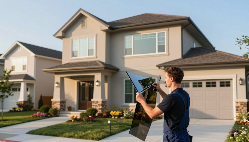 A serene suburban neighborhood featuring a modern home with large windows showcasing elegant residential window tinting. In the foreground, a professional technician dressed in business attire carefully applies the tinting film, using specialized tools. The middle ground captures the house with stylish architectural lines, clean landscaping, and colorful flowers. In the background, other homes are subtly visible under a clear blue sky with soft, warm sunlight, creating a pleasant atmosphere. The lens should create a slight depth of field, highlighting the technician's focused work while the background remains slightly blurred. The overall mood is calm and professional, illustrating the importance of residential window tinting for comfort and privacy. A serene suburban neighborhood featuring a modern home with large windows showcasing elegant residential window tinting. In the foreground, a professional technician dressed in business attire carefully applies the tinting film, using specialized tools. The middle ground captures the house with stylish architectural lines, clean landscaping, and colorful flowers. In the background, other homes are subtly visible under a clear blue sky with soft, warm sunlight, creating a pleasant atmosphere. The lens should create a slight depth of field, highlighting the technician's focused work while the background remains slightly blurred. The overall mood is calm and professional, illustrating the importance of residential window tinting for comfort and privacy.