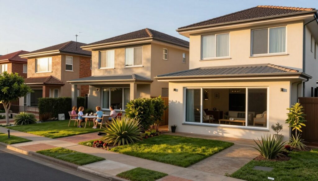 A serene suburban street in Krugersdorp featuring a variety of residential homes with professionally installed window tinting. In the foreground, showcase a modern home with large, tinted windows reflecting the soft sunlight, allowing glimpses of an elegantly furnished interior. In the middle ground, include a cozy family backyard with lush greenery and a patio, emphasizing the comfort and aesthetics offered by window tinting. In the background, display a tranquil neighborhood with other similar homes, all benefiting from their tinted windows. The lighting is warm and inviting, casting gentle shadows, while the angle captures the essence of suburban life, promoting a sense of peace and security. The mood is uplifting and friendly, highlighting the advantages of residential window tinting. A serene suburban street in Krugersdorp featuring a variety of residential homes with professionally installed window tinting. In the foreground, showcase a modern home with large, tinted windows reflecting the soft sunlight, allowing glimpses of an elegantly furnished interior. In the middle ground, include a cozy family backyard with lush greenery and a patio, emphasizing the comfort and aesthetics offered by window tinting. In the background, display a tranquil neighborhood with other similar homes, all benefiting from their tinted windows. The lighting is warm and inviting, casting gentle shadows, while the angle captures the essence of suburban life, promoting a sense of peace and security. The mood is uplifting and friendly, highlighting the advantages of residential window tinting.