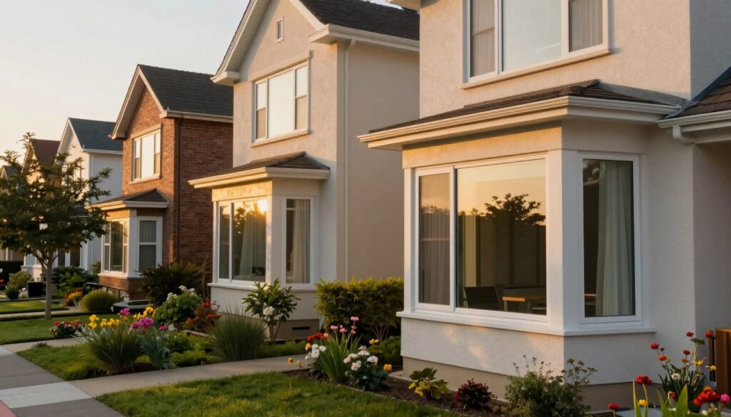 A serene suburban street showcasing beautifully designed residential windows on a variety of contemporary homes. In the foreground, a house with large, tinted windows reflecting soft golden sunlight, suggesting privacy and comfort. The middle ground features a lush garden with vibrant flowers and trees, adding a touch of nature. In the background, additional houses are visible, each displaying unique window styles, some with elegant curtains. The scene is captured during the golden hour, with warm, diffused lighting creating an inviting atmosphere. The perspective is slightly elevated, offering a comprehensive view of the neighborhood, emphasizing the property value and aesthetic appeal of residential window tinting. The overall mood is tranquil and sophisticated, highlighting the harmony between comfort and privacy. A serene suburban street showcasing beautifully designed residential windows on a variety of contemporary homes. In the foreground, a house with large, tinted windows reflecting soft golden sunlight, suggesting privacy and comfort. The middle ground features a lush garden with vibrant flowers and trees, adding a touch of nature. In the background, additional houses are visible, each displaying unique window styles, some with elegant curtains. The scene is captured during the golden hour, with warm, diffused lighting creating an inviting atmosphere. The perspective is slightly elevated, offering a comprehensive view of the neighborhood, emphasizing the property value and aesthetic appeal of residential window tinting. The overall mood is tranquil and sophisticated, highlighting the harmony between comfort and privacy.