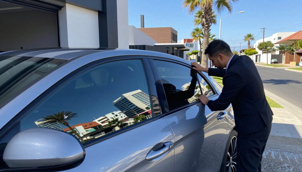 A sleek car with glossy, dark-tinted windows parked outside a modern building in Port Elizabeth, reflecting the vibrant city's atmosphere. In the foreground, the vehicle stands out with pristine paint and professional installation of window tinting, showcasing clear lines and detail in the tint application. In the middle, a technician wearing a smart business attire is carefully inspecting the tint job, ensuring quality control. The background features a sunny street lined with palm trees and suburban architecture, highlighting the coastal charm of Port Elizabeth. The lighting is bright and inviting, casting soft shadows and enhancing the depth of field. The overall mood is professional, emphasizing expertise in automotive services. A sleek car with glossy, dark-tinted windows parked outside a modern building in Port Elizabeth, reflecting the vibrant city's atmosphere. In the foreground, the vehicle stands out with pristine paint and professional installation of window tinting, showcasing clear lines and detail in the tint application. In the middle, a technician wearing a smart business attire is carefully inspecting the tint job, ensuring quality control. The background features a sunny street lined with palm trees and suburban architecture, highlighting the coastal charm of Port Elizabeth. The lighting is bright and inviting, casting soft shadows and enhancing the depth of field. The overall mood is professional, emphasizing expertise in automotive services.