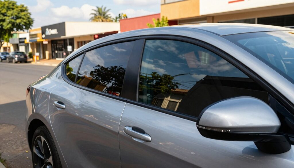 A sleek, modern car parked in a sunlit urban setting in Krugersdorp, featuring stylish, dark-tinted windows that showcase the benefits of professional automotive window tinting. In the foreground, the gleaming body of the car reflects the sunlight, highlighting its curves and contours. The middle ground shows a vibrant city street with local shops and greenery, providing context to the location. In the background, soft blue skies and scattered clouds create a warm, inviting atmosphere. The lighting is bright yet soft, accentuating the reflective surfaces of the car's windows and body. The angle is slightly low, emphasizing the car’s sleek design and presence, evoking a sense of sophistication and modernity. A sleek, modern car parked in a sunlit urban setting in Krugersdorp, featuring stylish, dark-tinted windows that showcase the benefits of professional automotive window tinting. In the foreground, the gleaming body of the car reflects the sunlight, highlighting its curves and contours. The middle ground shows a vibrant city street with local shops and greenery, providing context to the location. In the background, soft blue skies and scattered clouds create a warm, inviting atmosphere. The lighting is bright yet soft, accentuating the reflective surfaces of the car's windows and body. The angle is slightly low, emphasizing the car’s sleek design and presence, evoking a sense of sophistication and modernity.