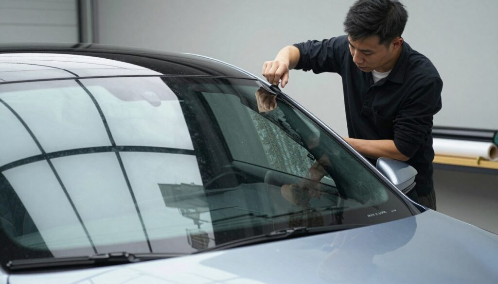 A sleek, modern car parked in a well-lit garage, showcasing tinted windows that reflect a stylish urban environment. In the foreground, focus on the car's glossy exterior, with reflections of a nearby cityscape visible in the tinted glass. The middle ground features a professional installer applying window tint with precision, dressed in smart business attire, emphasizing expertise and attention to detail. The background reveals tools and rolls of tint film on a workbench, suggesting a busy automotive tinting service. Soft, natural lighting illuminates the scene, creating a sense of professionalism and trust. The overall mood conveys comfort, safety, and privacy, highlighting the benefits of high-quality window tinting services. A sleek, modern car parked in a well-lit garage, showcasing tinted windows that reflect a stylish urban environment. In the foreground, focus on the car's glossy exterior, with reflections of a nearby cityscape visible in the tinted glass. The middle ground features a professional installer applying window tint with precision, dressed in smart business attire, emphasizing expertise and attention to detail. The background reveals tools and rolls of tint film on a workbench, suggesting a busy automotive tinting service. Soft, natural lighting illuminates the scene, creating a sense of professionalism and trust. The overall mood conveys comfort, safety, and privacy, highlighting the benefits of high-quality window tinting services.