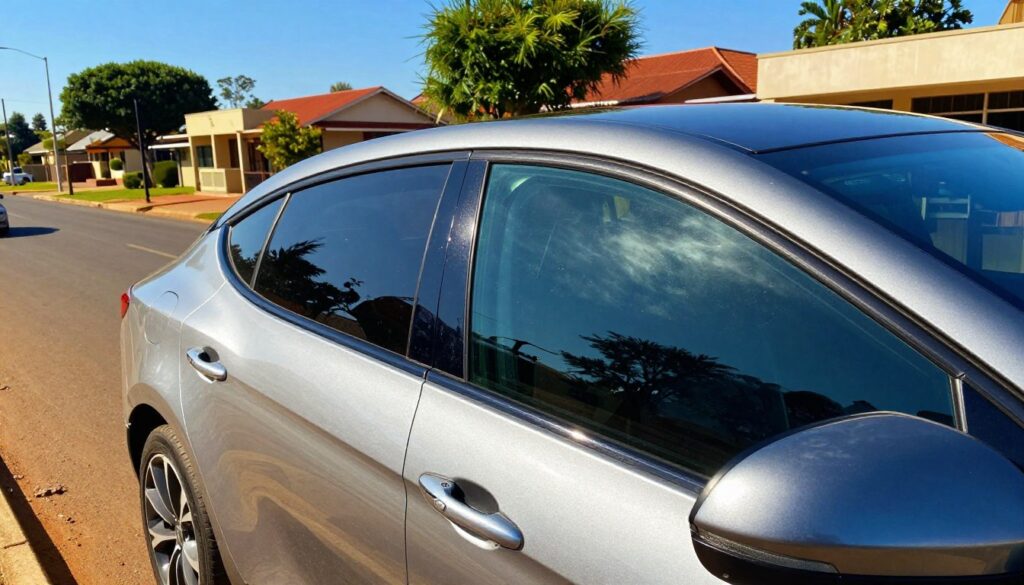 A sleek, modern car parked on a sunlit Nelspruit street, showcasing advanced automotive window film that reflects sunlight and enhances privacy. In the foreground, highlight the intricately designed window film with a glossy sheen, emphasizing its protective qualities against UV rays. The middle ground features the car's stylish exterior, with attention to detail on its sleek lines and vibrant paintwork. In the background, depict a vibrant Nelspruit suburb with lush greenery and a clear blue sky, capturing the essence of local driving conditions. Use warm, natural lighting to create an inviting atmosphere, and choose a slightly elevated angle to emphasize the car’s profile and the window film’s clear benefits without any text or branding. A sleek, modern car parked on a sunlit Nelspruit street, showcasing advanced automotive window film that reflects sunlight and enhances privacy. In the foreground, highlight the intricately designed window film with a glossy sheen, emphasizing its protective qualities against UV rays. The middle ground features the car's stylish exterior, with attention to detail on its sleek lines and vibrant paintwork. In the background, depict a vibrant Nelspruit suburb with lush greenery and a clear blue sky, capturing the essence of local driving conditions. Use warm, natural lighting to create an inviting atmosphere, and choose a slightly elevated angle to emphasize the car’s profile and the window film’s clear benefits without any text or branding.