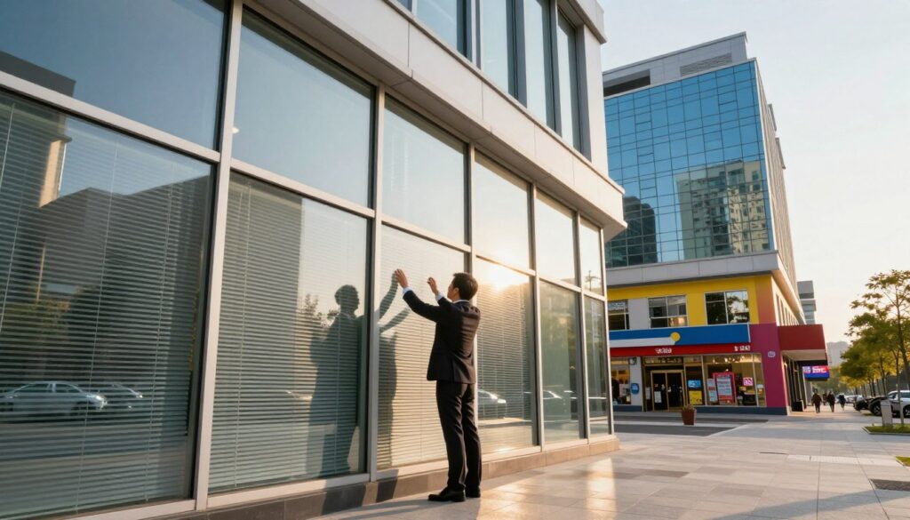 A sleek modern office building with large commercial windows reflecting the surroundings. In the foreground, a well-dressed business professional adjusts window blinds, showcasing a gleaming tint on the glass. The middle ground features storefronts with vibrant signage, hinting at retail activity, while a public building with tinted glass stands proudly in the background. The scene is captured during golden hour, with warm sunlight casting long shadows and enhancing the reflections on the windows. The atmosphere is vibrant and energetic, conveying professionalism and the importance of aesthetic appeal in commercial spaces. The angle is slightly low to emphasize the height of the buildings, creating a sense of grandeur and sophistication. A sleek modern office building with large commercial windows reflecting the surroundings. In the foreground, a well-dressed business professional adjusts window blinds, showcasing a gleaming tint on the glass. The middle ground features storefronts with vibrant signage, hinting at retail activity, while a public building with tinted glass stands proudly in the background. The scene is captured during golden hour, with warm sunlight casting long shadows and enhancing the reflections on the windows. The atmosphere is vibrant and energetic, conveying professionalism and the importance of aesthetic appeal in commercial spaces. The angle is slightly low to emphasize the height of the buildings, creating a sense of grandeur and sophistication.