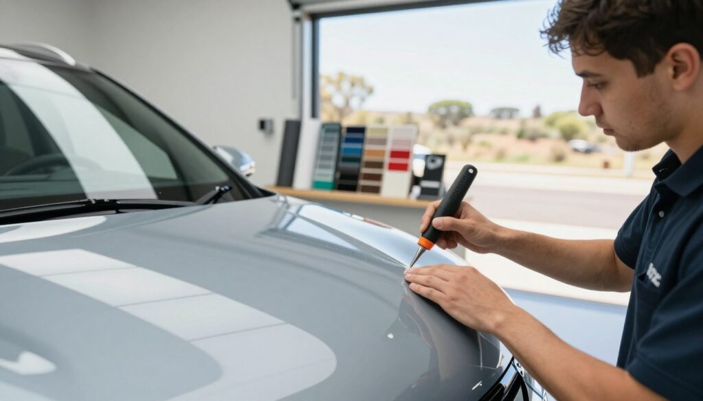 A sleek, modern vehicle being expertly treated with premium film protection, showcasing the vivid shine of the vehicle's surface. In the foreground, a professional technician in business attire carefully applies the protective film with precision tools, ensuring every edge is perfectly aligned. In the middle ground, a small selection of different window tint samples and film rolls can be seen, emphasizing the range of options available. The background features a bright, well-lit garage environment with hints of Northern Cape's landscapes visible through the windows, capturing an inviting atmosphere. Natural light filters in, creating a fresh and vibrant mood, while the camera is positioned at a slightly low angle to highlight the technician's focused expression and the exquisite details of the vehicle's surface. A sleek, modern vehicle being expertly treated with premium film protection, showcasing the vivid shine of the vehicle's surface. In the foreground, a professional technician in business attire carefully applies the protective film with precision tools, ensuring every edge is perfectly aligned. In the middle ground, a small selection of different window tint samples and film rolls can be seen, emphasizing the range of options available. The background features a bright, well-lit garage environment with hints of Northern Cape's landscapes visible through the windows, capturing an inviting atmosphere. Natural light filters in, creating a fresh and vibrant mood, while the camera is positioned at a slightly low angle to highlight the technician's focused expression and the exquisite details of the vehicle's surface.