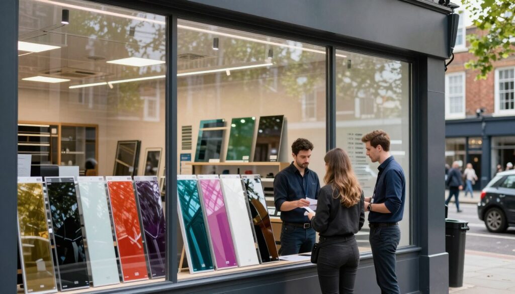 A sleek, modern window tinting shop located in East London, showcasing a variety of tinted windows displayed in the foreground. The shop features large glass windows allowing natural light to illuminate the interior, highlighting professional technicians in smart business attire diligently discussing service options and transparent pricing with a customer. In the middle ground, several vibrant packages of window tint films are neatly arranged, showcasing various shades and styles. The background reveals a bustling East London street, adding a hint of urban vibe, with leafy trees and residential buildings softly blurred for depth. The overall atmosphere is professional and inviting, captured in bright daylight, with a shallow depth of field emphasizing the customer interaction. A sleek, modern window tinting shop located in East London, showcasing a variety of tinted windows displayed in the foreground. The shop features large glass windows allowing natural light to illuminate the interior, highlighting professional technicians in smart business attire diligently discussing service options and transparent pricing with a customer. In the middle ground, several vibrant packages of window tint films are neatly arranged, showcasing various shades and styles. The background reveals a bustling East London street, adding a hint of urban vibe, with leafy trees and residential buildings softly blurred for depth. The overall atmosphere is professional and inviting, captured in bright daylight, with a shallow depth of field emphasizing the customer interaction.
