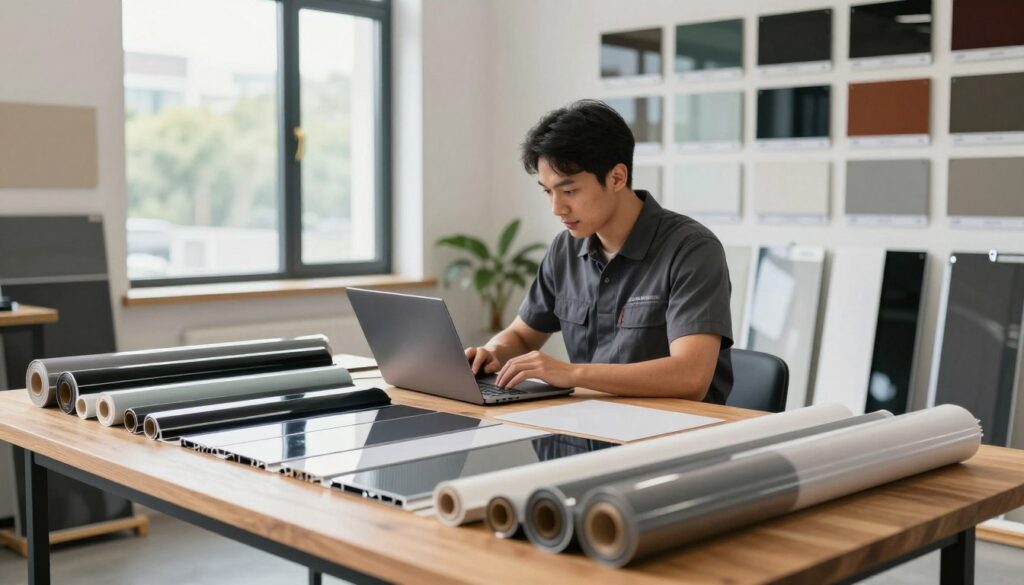 A sleek, modern workspace showcasing various window films in detailed rolls and samples, arranged neatly on a wooden table in the foreground. In the middle, an experienced window tinting technician in professional attire is comparing performance specifications on a laptop, illuminated by soft, natural light coming through a partially tinted window. The background features a wall displaying various tinted window samples, highlighting different shades and types, set in an airy, well-lit environment. The overall mood is professional and inviting, emphasizing the quality and range of window tinting films available, with a focus on clarity, precision, and the aesthetic appeal of the workspace. A sleek, modern workspace showcasing various window films in detailed rolls and samples, arranged neatly on a wooden table in the foreground. In the middle, an experienced window tinting technician in professional attire is comparing performance specifications on a laptop, illuminated by soft, natural light coming through a partially tinted window. The background features a wall displaying various tinted window samples, highlighting different shades and types, set in an airy, well-lit environment. The overall mood is professional and inviting, emphasizing the quality and range of window tinting films available, with a focus on clarity, precision, and the aesthetic appeal of the workspace.