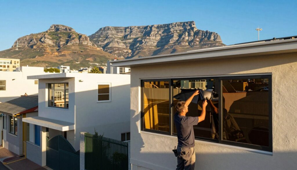 A vibrant urban scene showcasing a variety of residential and commercial buildings in Cape Town, illustrating the concept of window tinting services. In the foreground, a professional window tinting technician, dressed in modest work attire, is applying a film to a large window. The middle ground features different structures, some with tinted windows reflecting the bright South African sun, while others are displaying the natural beauty of the area. The background showcases the iconic Table Mountain under a clear blue sky. The lighting is warm and inviting, capturing the essence of a sunny day in Cape Town. The mood is professional yet accessible, emphasizing the service's reach throughout the local suburbs. The angle is slightly elevated, providing a comprehensive view of the scene without any text or distractions. A vibrant urban scene showcasing a variety of residential and commercial buildings in Cape Town, illustrating the concept of window tinting services. In the foreground, a professional window tinting technician, dressed in modest work attire, is applying a film to a large window. The middle ground features different structures, some with tinted windows reflecting the bright South African sun, while others are displaying the natural beauty of the area. The background showcases the iconic Table Mountain under a clear blue sky. The lighting is warm and inviting, capturing the essence of a sunny day in Cape Town. The mood is professional yet accessible, emphasizing the service's reach throughout the local suburbs. The angle is slightly elevated, providing a comprehensive view of the scene without any text or distractions.