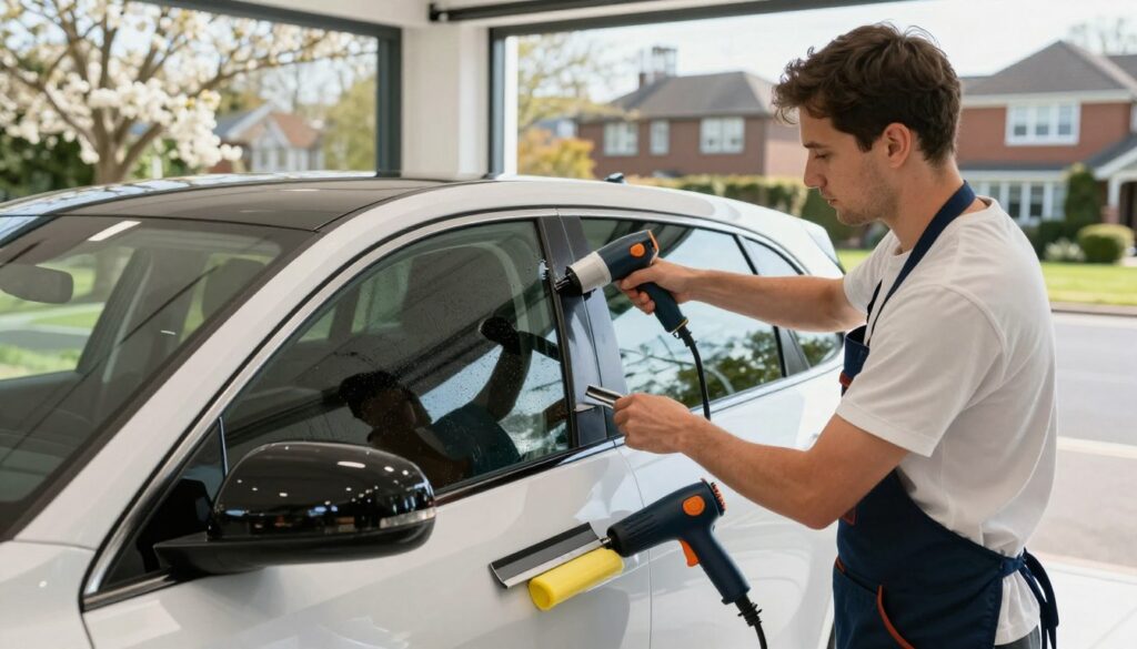 A well-lit, professional window tinting installation scenario set in a suburban environment. In the foreground, a skilled technician in a neat business shirt and work apron meticulously applying tinted film to a large car window, showcasing focus and expertise. In the middle, a clean, modern workspace with tools like a heat gun and squeegee neatly arranged, emphasizing an organized process. In the background, glimpses of a picturesque Chatsworth suburb with blooming trees and residential buildings, bathed in soft, natural sunlight, creating an inviting atmosphere. The scene conveys professionalism and efficiency, with a composition that draws the viewer into the service experience. The image is bright and clear, capturing the essence of expert window tinting services. A well-lit, professional window tinting installation scenario set in a suburban environment. In the foreground, a skilled technician in a neat business shirt and work apron meticulously applying tinted film to a large car window, showcasing focus and expertise. In the middle, a clean, modern workspace with tools like a heat gun and squeegee neatly arranged, emphasizing an organized process. In the background, glimpses of a picturesque Chatsworth suburb with blooming trees and residential buildings, bathed in soft, natural sunlight, creating an inviting atmosphere. The scene conveys professionalism and efficiency, with a composition that draws the viewer into the service experience. The image is bright and clear, capturing the essence of expert window tinting services.